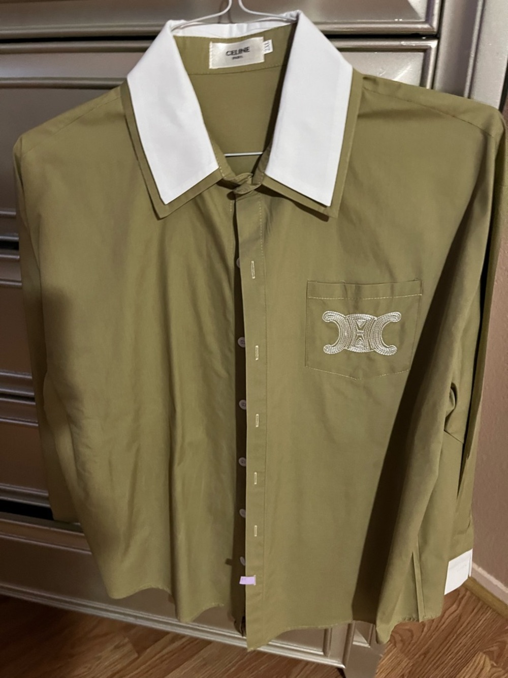 Celine new without tags Green Button-Down Shirt with White Contrast Collar